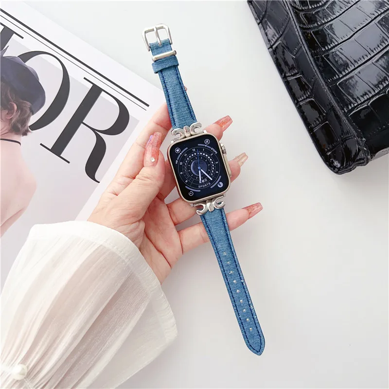 Ремешок джинсовый для Apple Watch Band 45 мм 41 мм 44 мм, модный наружный браслет с металлической пряжкой для iWatch Series 8 7 6SE, аксессуары