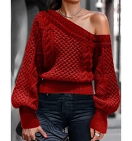 autumn sexy red off shoulder long lantern sleeve sweater womens winter one neck loose knitted pullover knit sweater green black