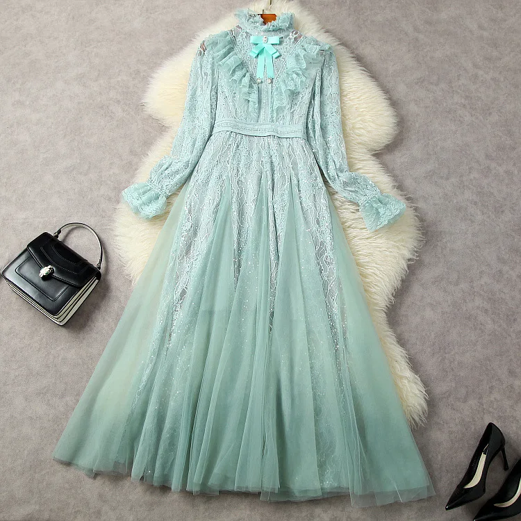 

Женская одежда в европейском и американском стиле, новинка весны 2023, модное Плиссированное кружевное платье с воротником-стойкой, расклешенными рукавами, длинными рукавами и блестками