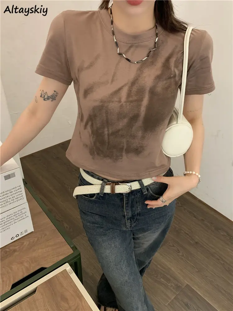 

European Style Vintage T-shirts Women Y2k Streetwear Summer Slim Minority Tie Dye Crop Tops Chic Sexy Girl Casual Ropa De Mujer