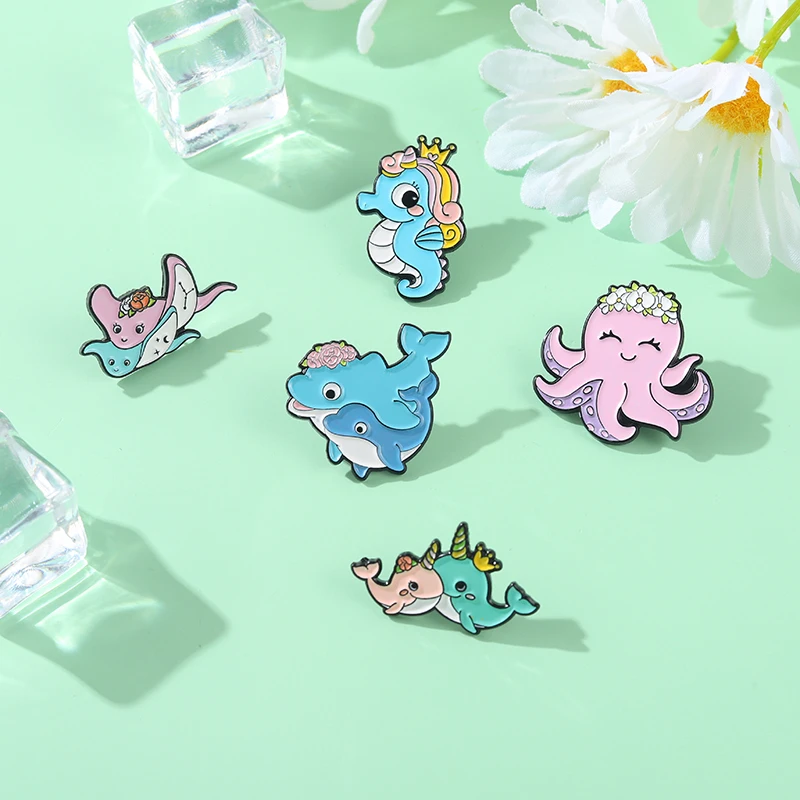 

Marine Organism Enamel Pins Crown and Wreath Seahorse Jellyfish Whale Metal Badge Brooches Bag Lapel Pin for Kids Jewelry Gifts