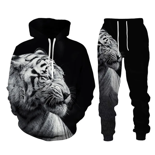 Hoodie Tracksuit Suit Long Sleeve Lion Print Men Spring And Autumn 2-Piece Set Oversized Pant Street Jogger Clothing