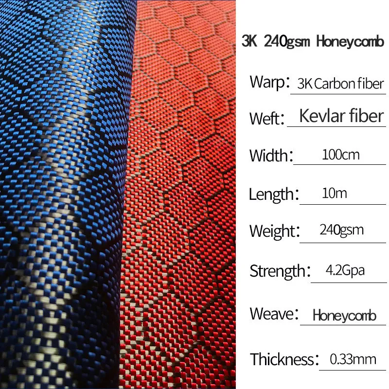 Tela de fibra de carbono de panal Hexagonal y Kevlar mezclado 3K, 240gsm, 4x4, 2x2, sarga, 40 