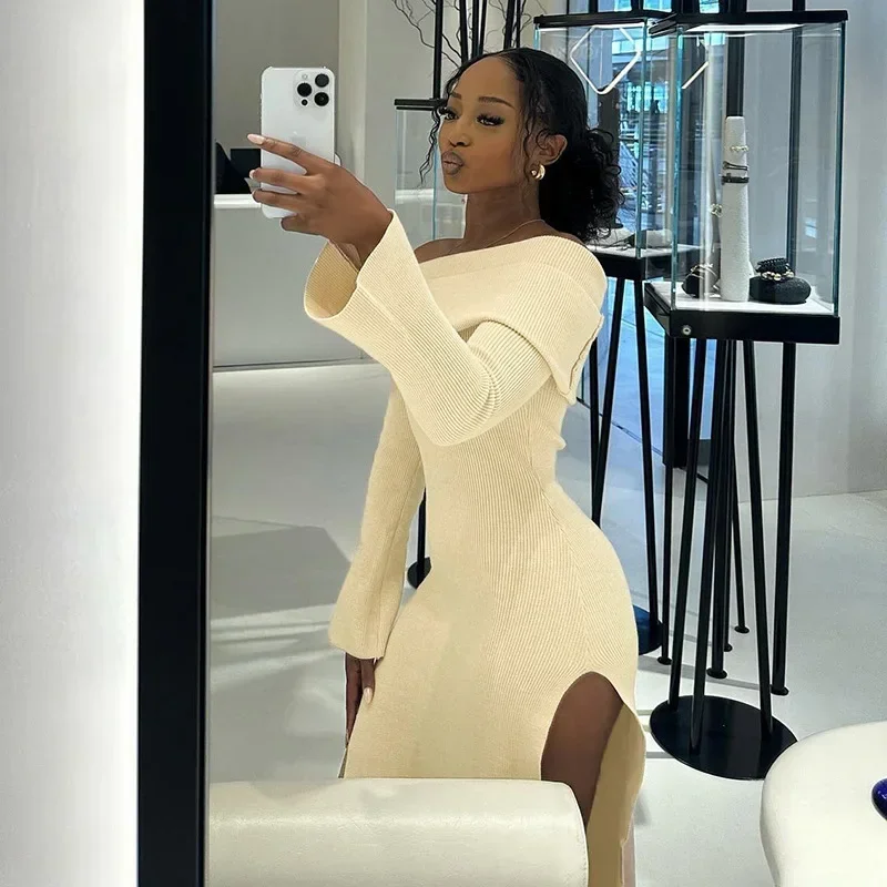 

Женское элегантное длинное платье с Боковым Разрезом, облегающее эластичное однотонное платье с открытыми плечами, вырезом лодочкой и длинным рукавом для дня рождения