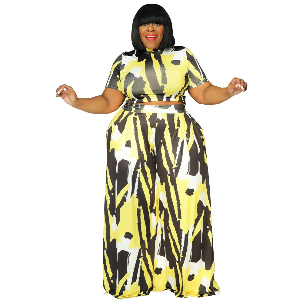 Plus Size Pant Suits Summer Women Clothing Printing Straps Short Sleeve Crew Neck Casual Two Piec 3xl 4xl 5xl 6xl
