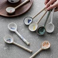 japanese cute little spoon ceramic retro stoneware household spoon personalized long handle spoon coffee spoons dessert spoons