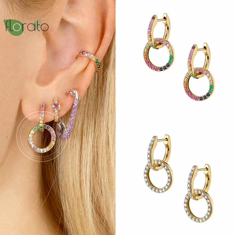 

925 Sterling Silver Needle Minimalist Round 18K Gold Earrings Color CZ Crystal Hoop Earrings for Women Party Luxury Jewelry Gift