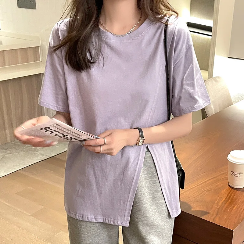 TShirt Summer Short Sleeve Irregular Split Women Top White Purple Shirt Cotton Korean Tshirt Women Clothes Black Yellow Pullover