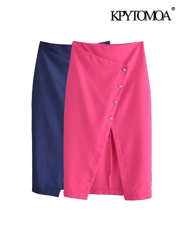 

KPYTOMOA Women Fashion With Rhinestone Buttons Front Slit Midi Skirt Vintage High Waist Back Zipper Female Skirts Mujer