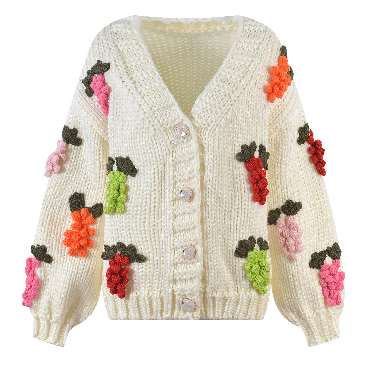 Wool Crochet Sweater Cardigans Women Knitted Tops Long Sleeve Grape Embroideried Loose Jersey 2022 Autumn Winter Korean Clothes