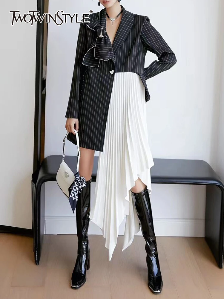 

TWOTWINSTYLE Fake Two Piece Blazer For Women Notched Collar Long Sleeve Striped Colorblock Asymmetrical Hem Blazers Female Style