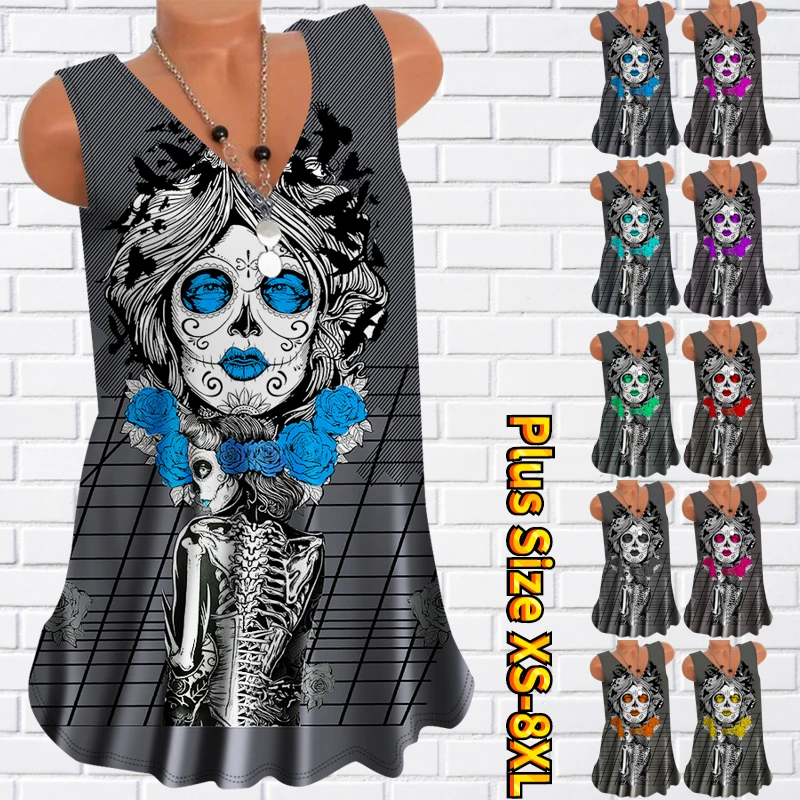 

2023 Fashionable Midi Skirt New Design Printed Knee-length Skirt Contracted Wind Dress Summer Women V-Neck Sleeveless Dress
