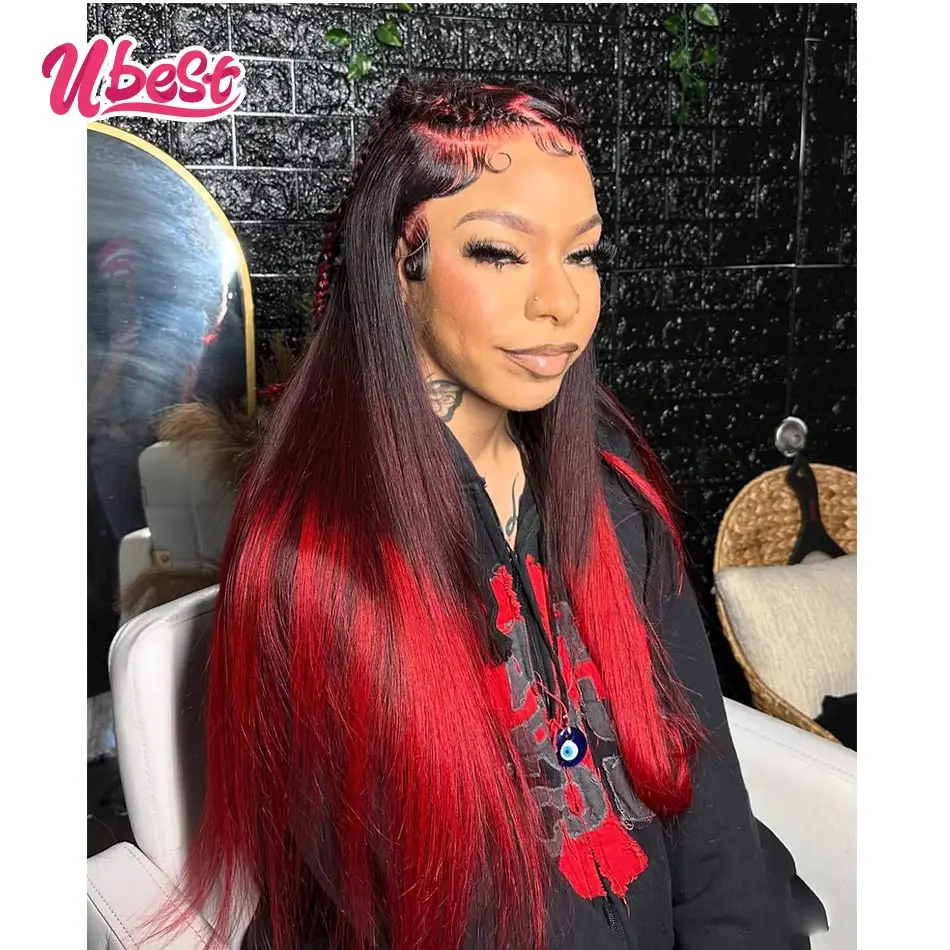 13X6 13X4 Прозрачный парик спереди прямой из 100% человеческих волос Ombre 1b красный цвет