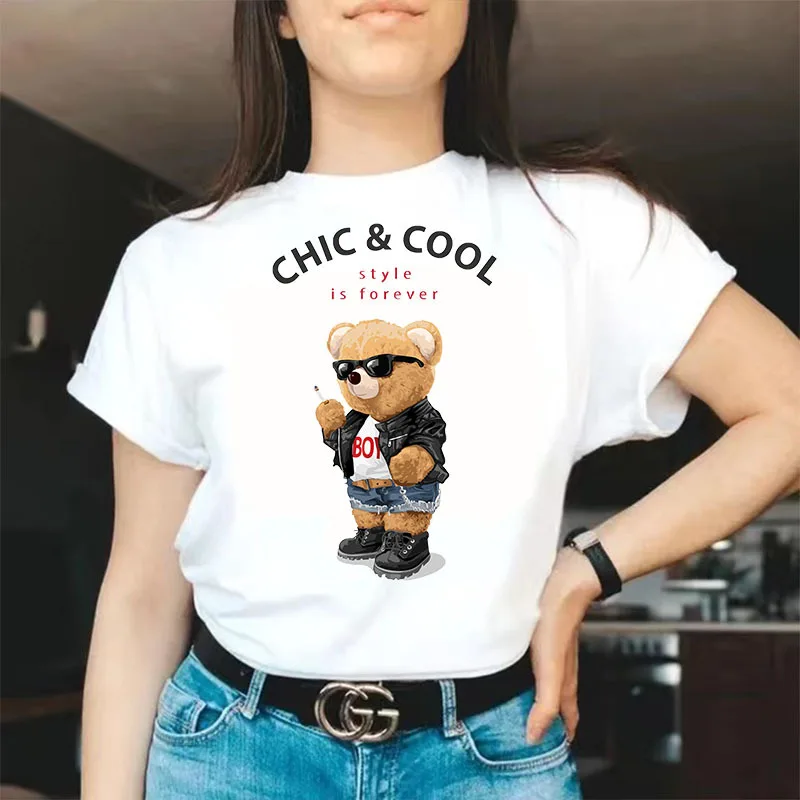 

YRYT Summer New Crew-neck T-shirt Fashion Bear Print Women's Summer T-shirt White Cotton Women's Plus-size Casual Short Sleeves