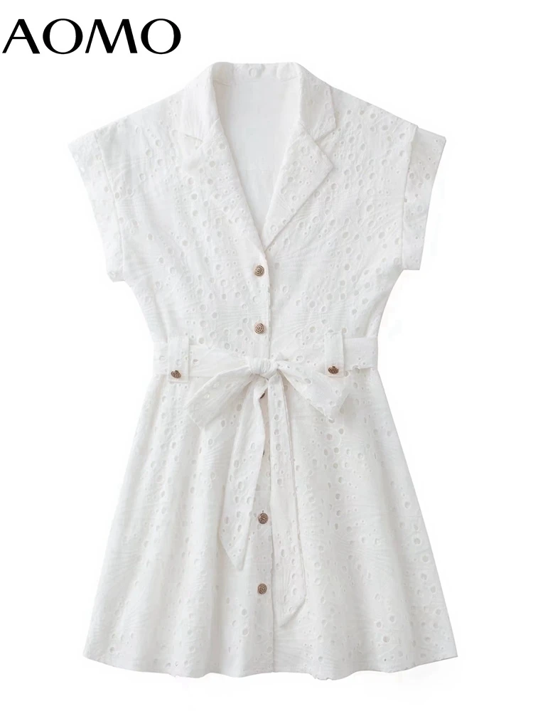 

AOMO 2022 Women White Embroidery Cotton Dress Short Sleeve with Slash Females Mini Dresses Vestidos 3H500A