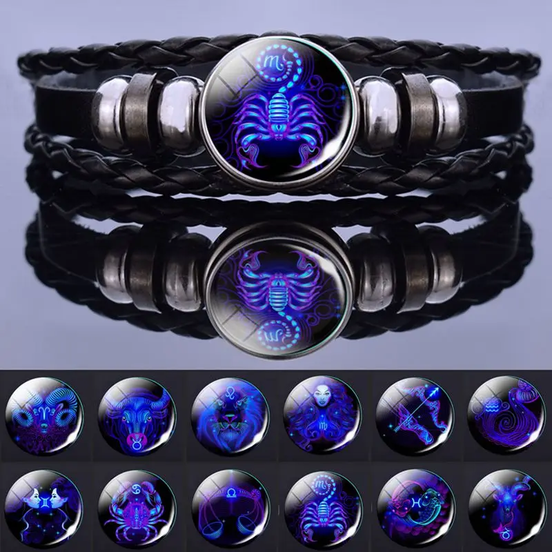 

12 Zodiac Signs Constellation Charm Bracelet Men Women Fashion Multilayer Weave leather Bracelet & Bangle Birthday Gifts
