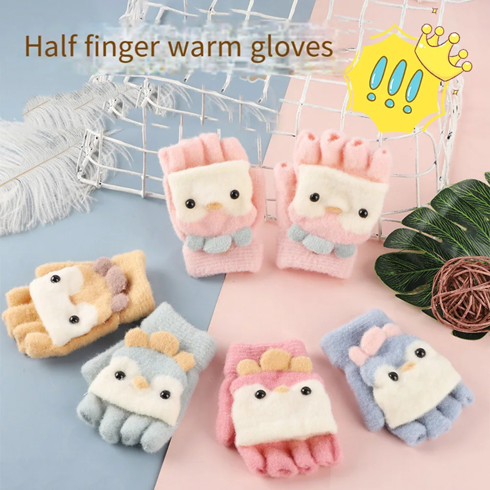 

2023 Fashion Autumn Winter Children Plush Knitted Gloves Flip Fingerless Gloves Cute Cartoon Rabbit Kids Warm Half-Finger Gloves