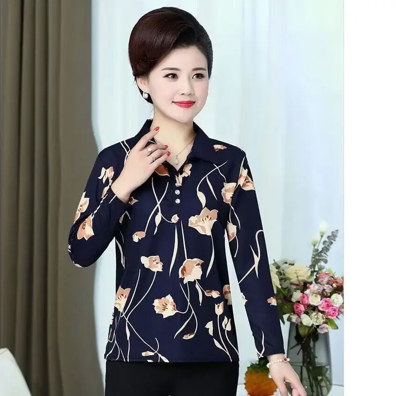 

Spring/Summer 2023 Rural Women's Wear Middle-aged Polo Collar Women's Large Long Sleeve Foam Cotton Grandma Print T-shirt Top