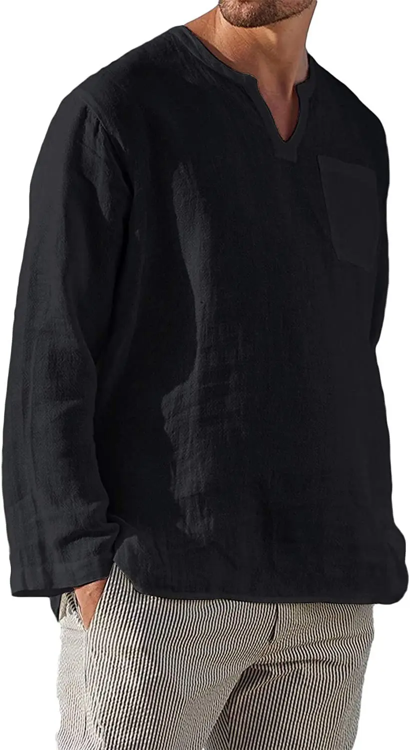 men's long-sleeved V-neck Shirt spring autumn Imitation cotton linen casual loose comfortable Beach Style Men's Pullover Shirt