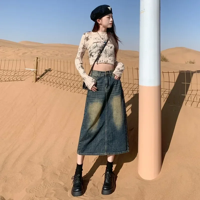 

GUUZYUVIZ Retro A-line High Waist Split Back Denim Half Skirt for Women