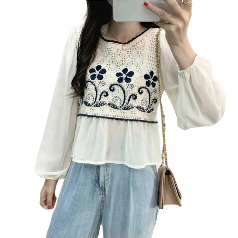 

Crewneck Floral Crochet Blouse Elegant Thin Sleeve Cropped Shirt Tops