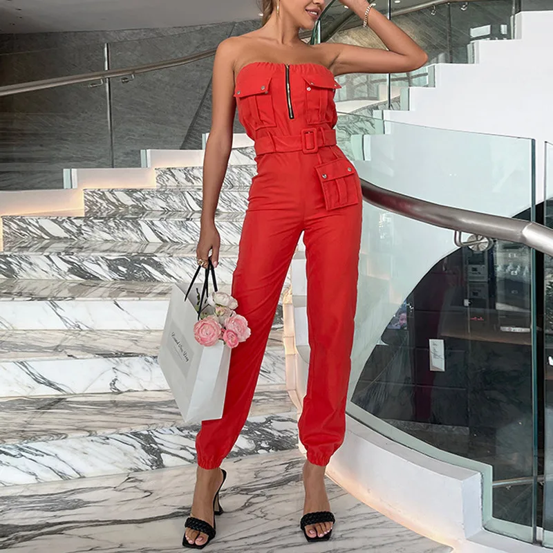 

Women Strapless Chest Wrap Jumpsuit Slim-fit Solid Color Boat Neck Zipper High Waist Pants Romper with Belt Casual Overalls