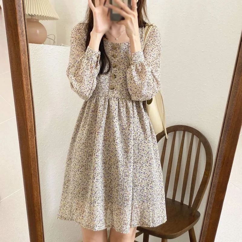 

Autumn Women Printed Long Sleeve Dress Spring Square Neck Korean Style Slim All-Match Dresses