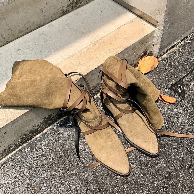 Женские ботинки до середины икры осенне-зимние из натуральной телячьей замши и