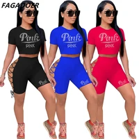fagadoer pink letter diamonds design tracksuits women round neck crop top and side bandage shorts two piece sets summer outfits
