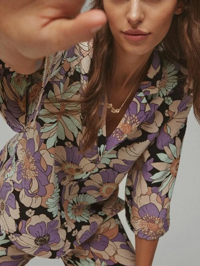 

French Women Romantic Floral Print 100% Silk Shirt New Ladies Three Quarter Sleeve Turn-Down Collar Single-Breasted Loose Blouse