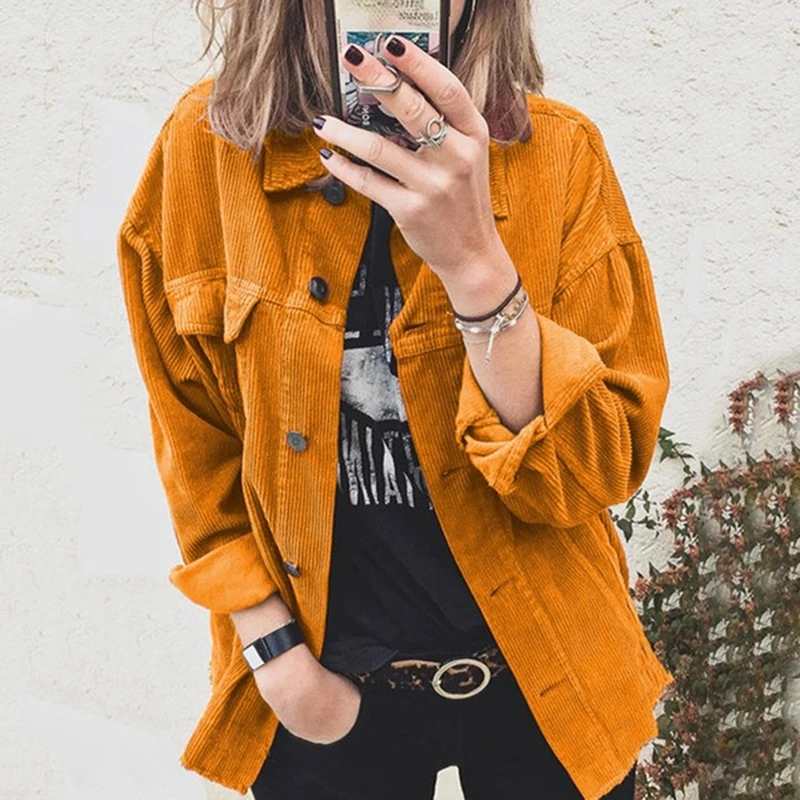

Women Casual Button Long Sleeve Lapel Solid Color Cardigan 2021 Female Corduroy Warm Shirt Coats with Pocket Stylish Jackets Pop