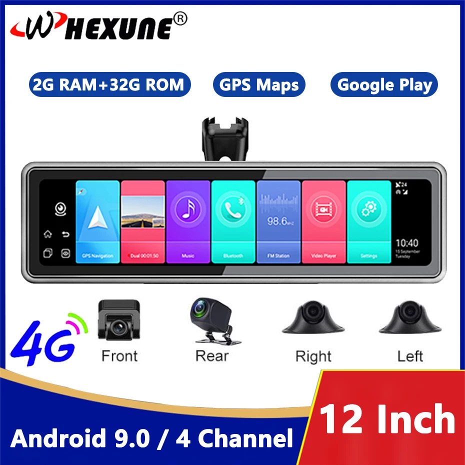 

Автомобильный видеорегистратор, 12 дюймов, 4G, Android 9,0, 4 канала, WIFI, 360 °