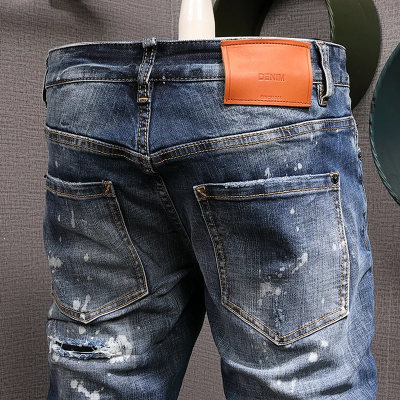 Fashion Streetwear Men Jeans Retro Blue High Quality Elastic Slim Fit Hole Ripped Jeans Men Painted Designer Hip Hop Brand Pants