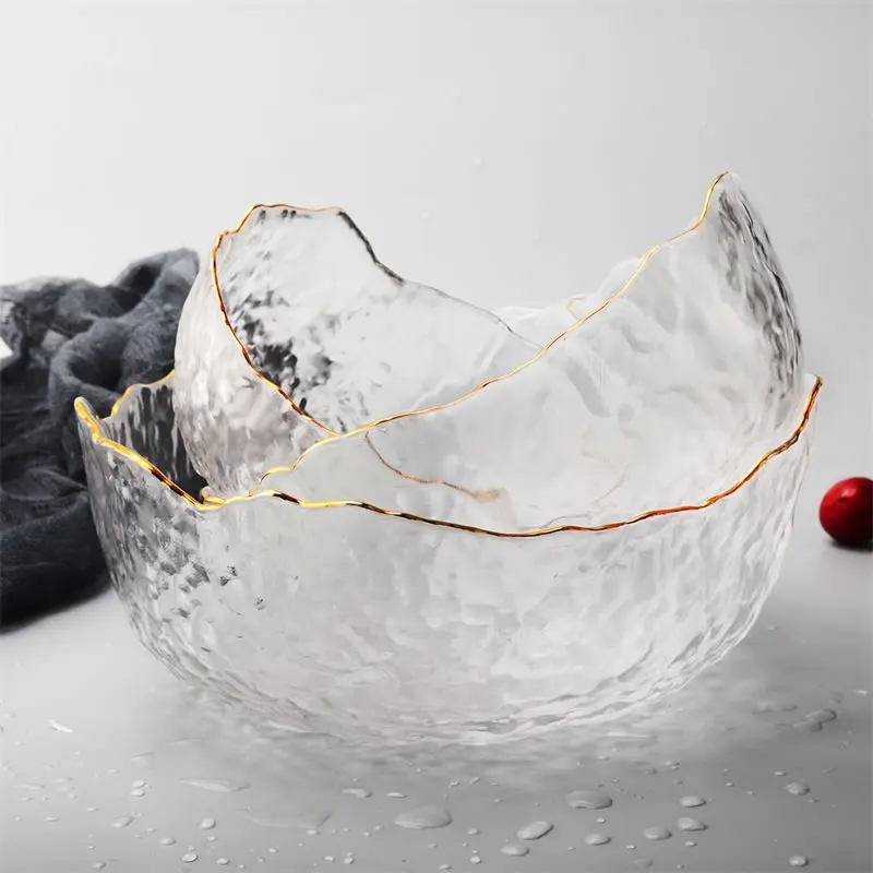 

1pc Irregular Gold Inlay Edge Glass Salad Bowl Fruit Rice Serving Bowls Food Storage Container Lunch Bento Box