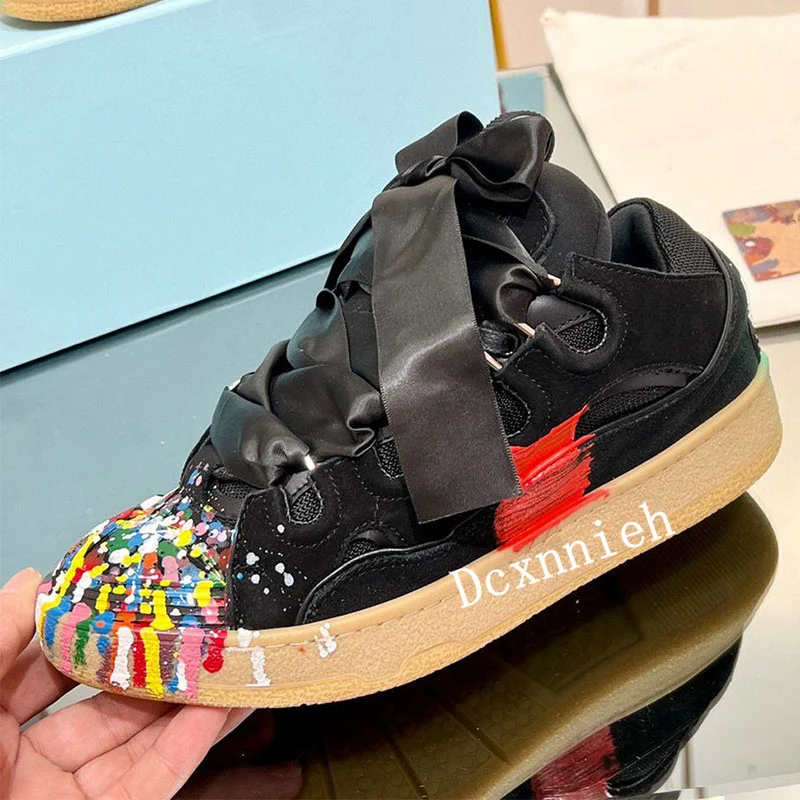 z prawdziwej skóry Graffiti grube podeszwy obuwie mieszane kolory wszechstronne trampki wiosenne oddychające sznurowane płaskie buty unisex