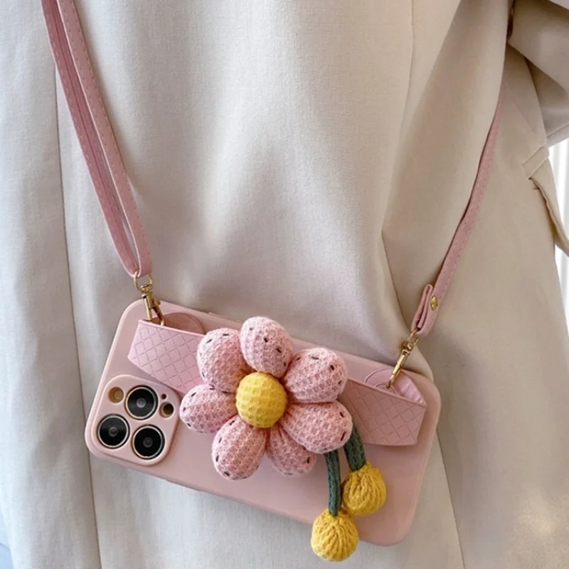 

Korean Style Ins Pink Flower Wristband/Crossbody Fashion Trend Small Fresh Phone Case For Iphone14/13/12/11por Max/Xs/Xr