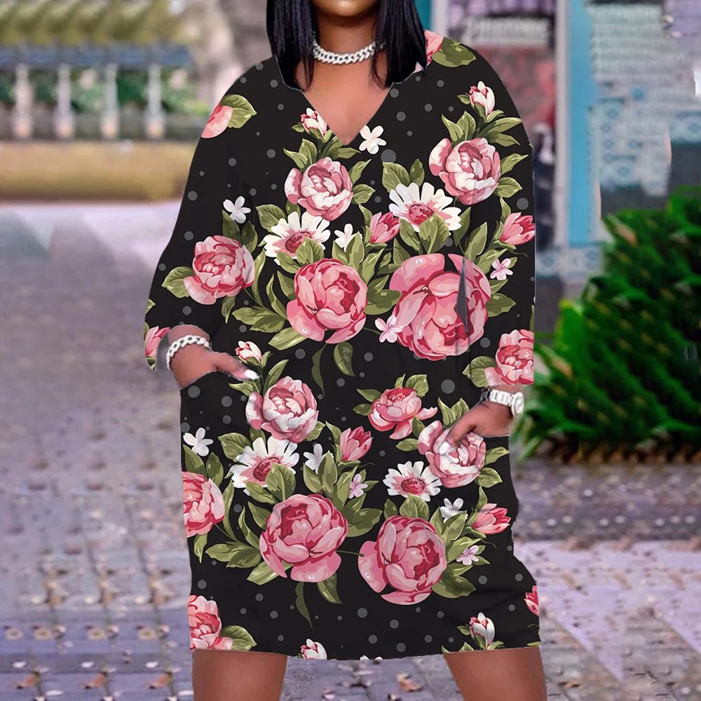 

Autumn Casual Women's Dress Midi Party V-neck Sexy Beach Dresses Women Fashion Bohemian Floral Elegant Dresses