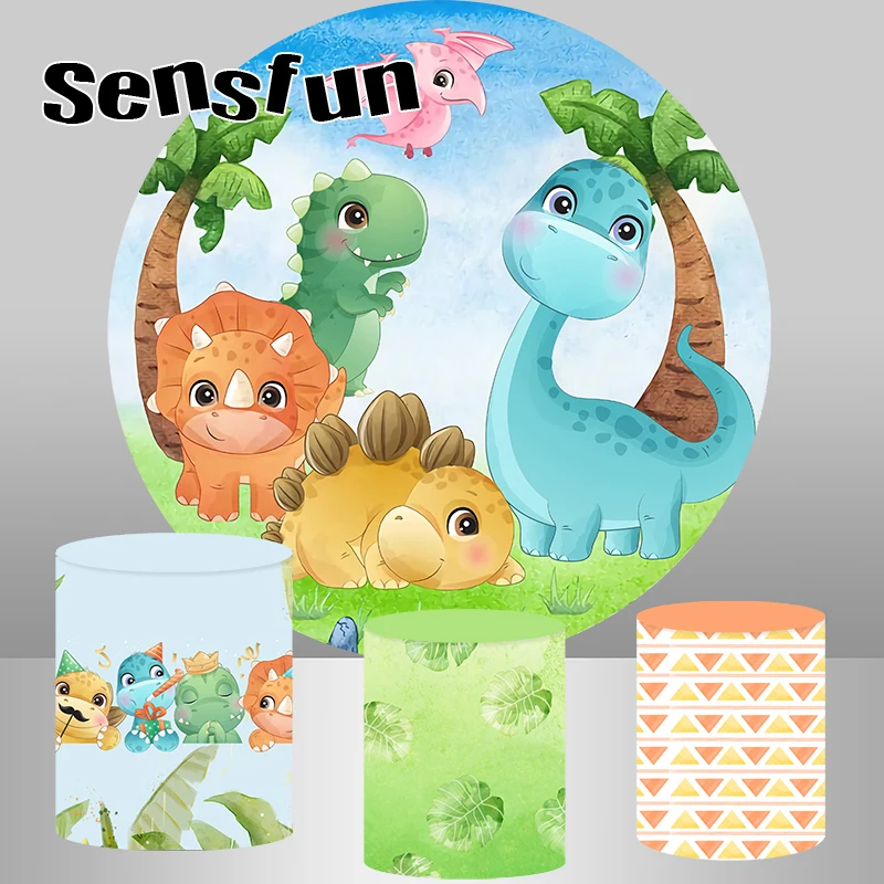 

Cute Cartoon Dinosaur Party Round Backdrop Cover Kids 1st BirthdayCircle Photography Background Plinth Covers