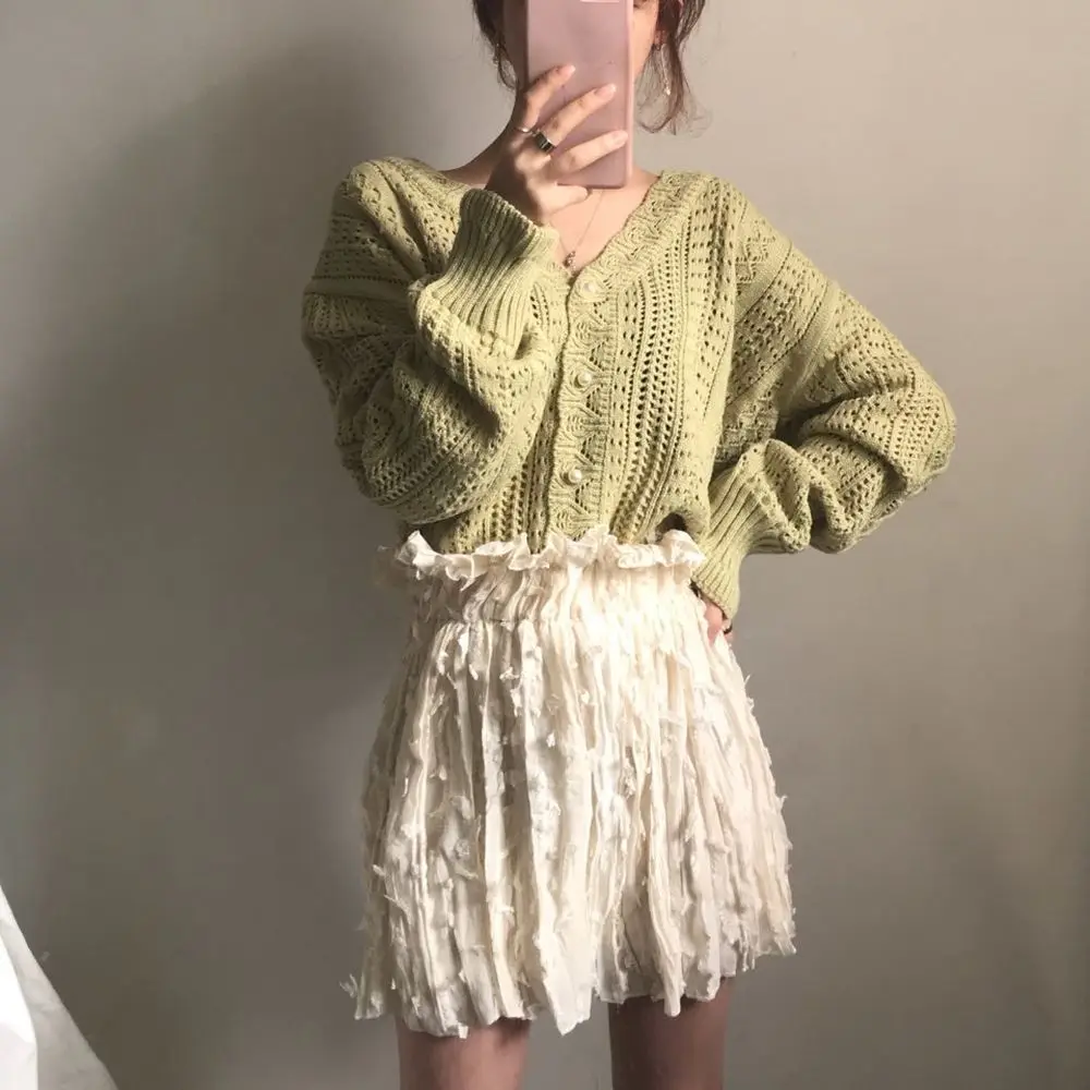 

2022 Spring Summer Women Low V-Neck Sweater And Cardigans Hollow Out Sexy Knit Tops Long Sleeve Cardigan Loose White Tops White