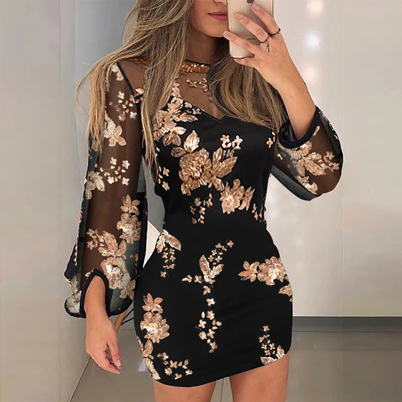 

Sexy O Neck Mesh Long Sleeve Party Dress Elegant Flower Embroidery Bodycon Mini Dress Female High Street Hip Warp Dress Vestidos