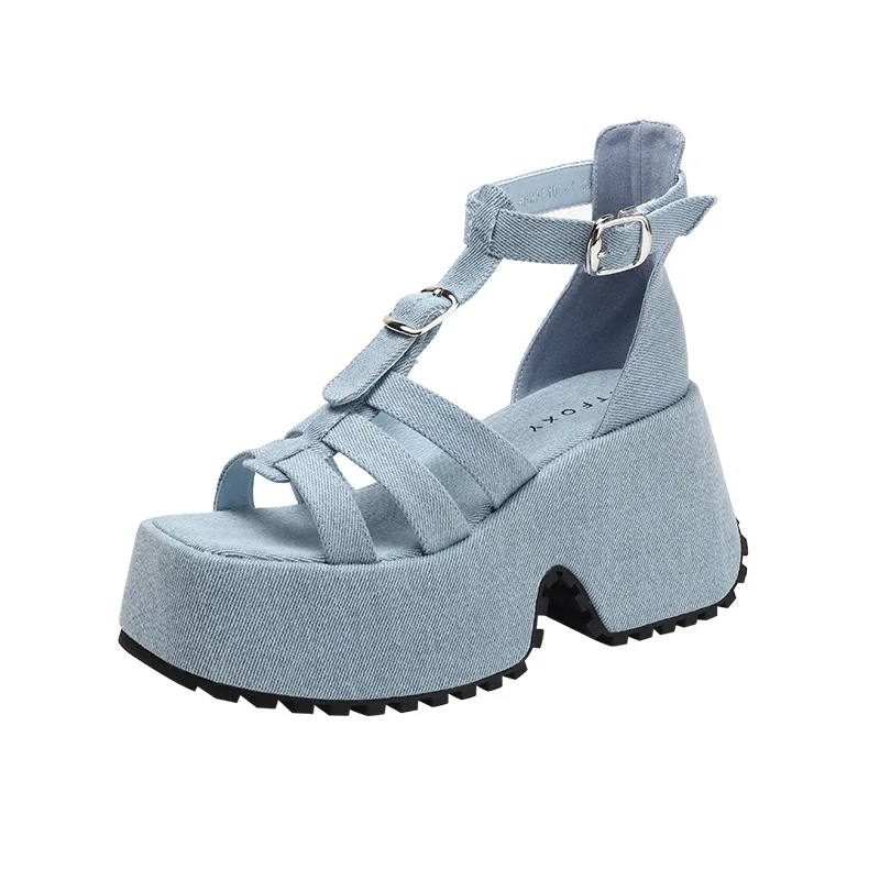 Summer Special-Interest Design Blue Denim Platform Women's Casual Ladies Roman Sandals Muffin Fashionable Ladies Shoes