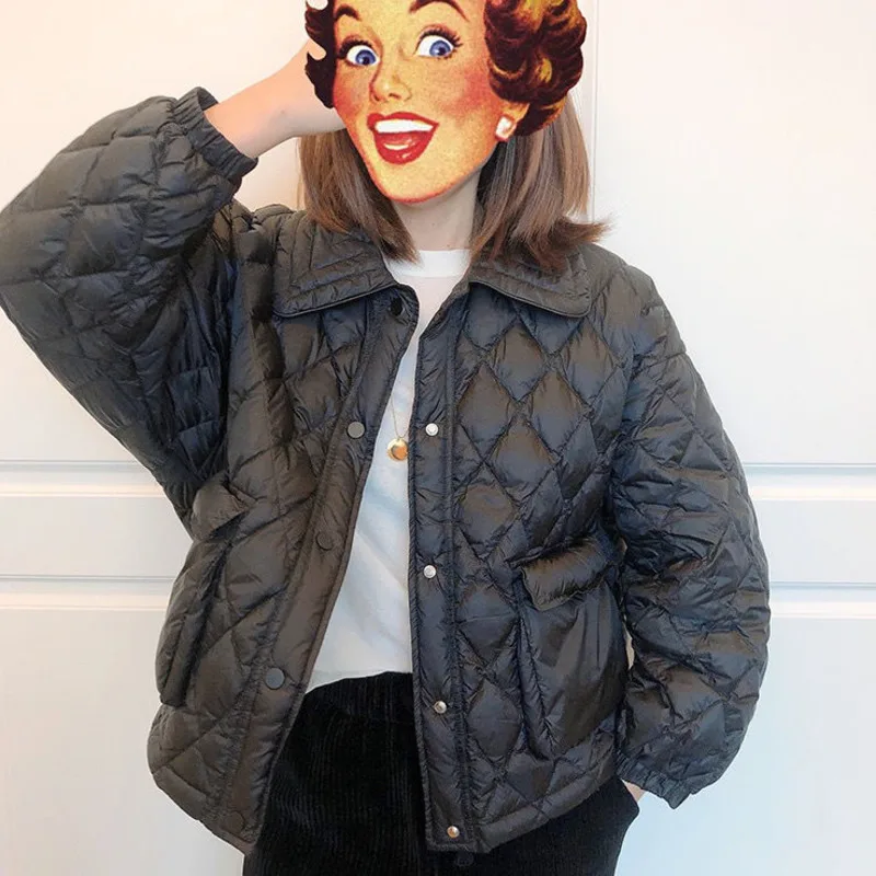 Winter Jacket Women Lapel Diamond Lattice Light And Thin Short 2023 Thickened Warm Korean Fashionable Internet Celebrity Coat