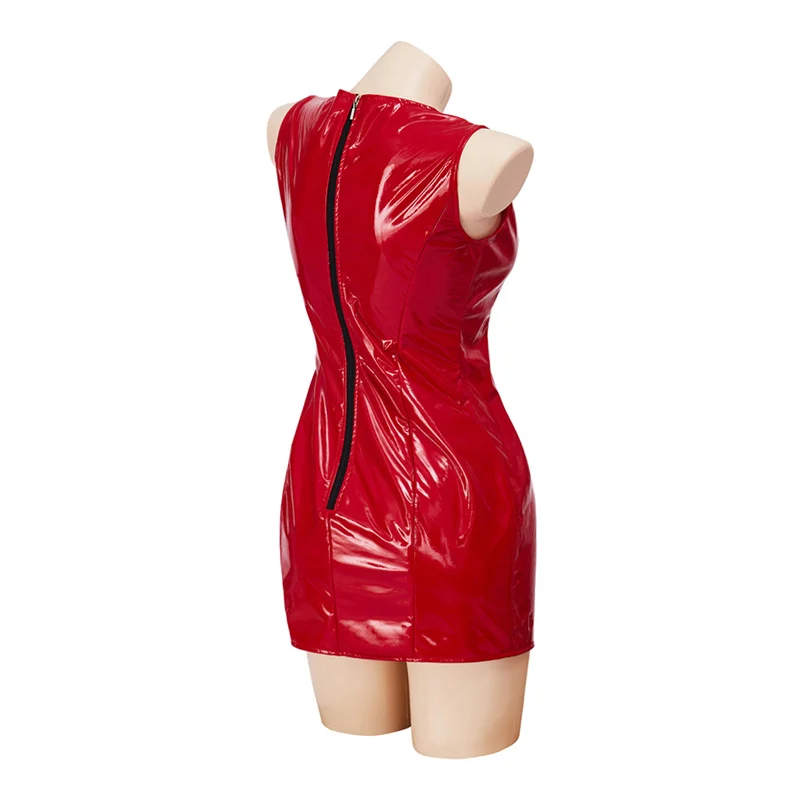 Pam &amp Tommy Pamela Anderson Cosplay Costume Sexy Red Leather Mini Sleeveless Bodycon Dress Party Ball Gown
