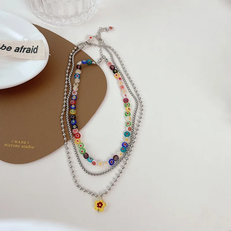 

2022 Korean Fashion Stainless Steel Colorful Beads Women Necklace Acrylic Flower Cute Sweets Pendant Necklaces Choker Jewelry