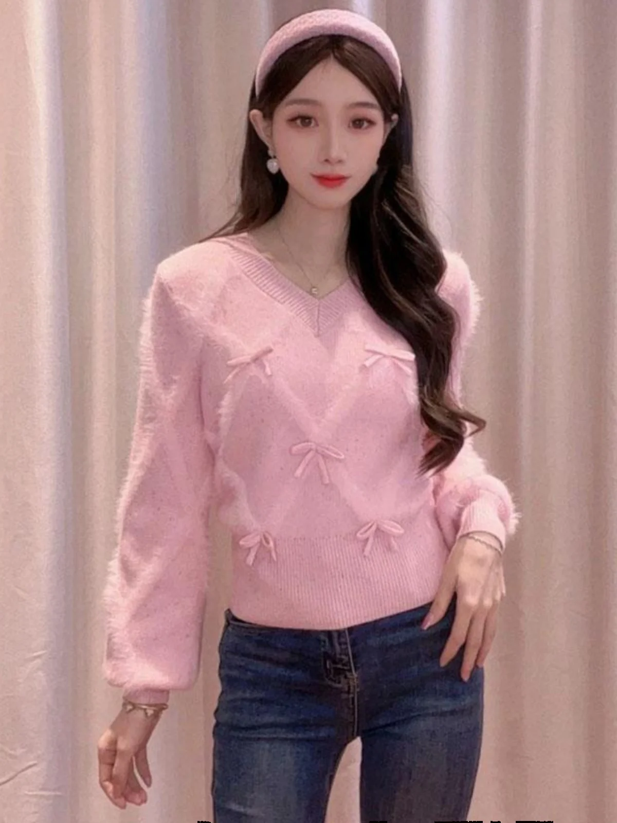 Корейский модный вязаный свитер с милым бантом женская одежда осенне-зимний