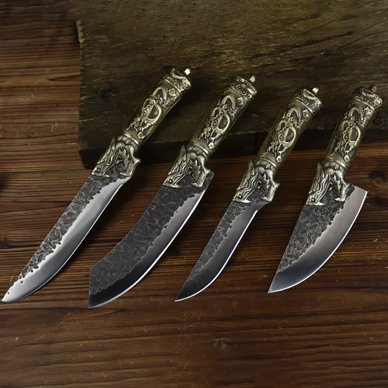 

4PCS Knives Set Copper Handle Handmade Forged Utility Chopper Cleaver Hunting Longquan Kitchen Knives With Holster Cooking Tools