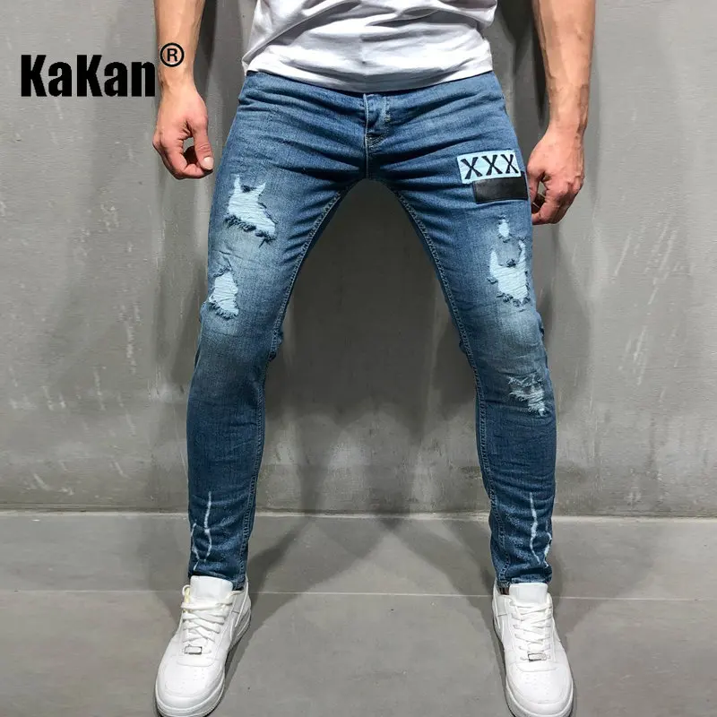 Kakan - New European and American Trend Distressed Jeans for Men, Dark Blue Zippered Pants with Badge Jeans K45-0012