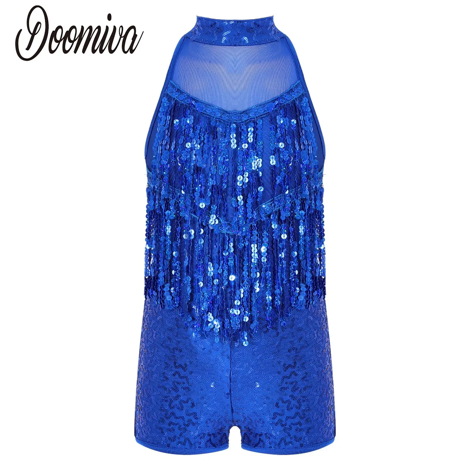 

Kids Girls Sleeveless Tango Leotard Shorts Shiny Sequins Tassel Hollow Back Leotard Dresses for Jazz Latin Dancing Performance