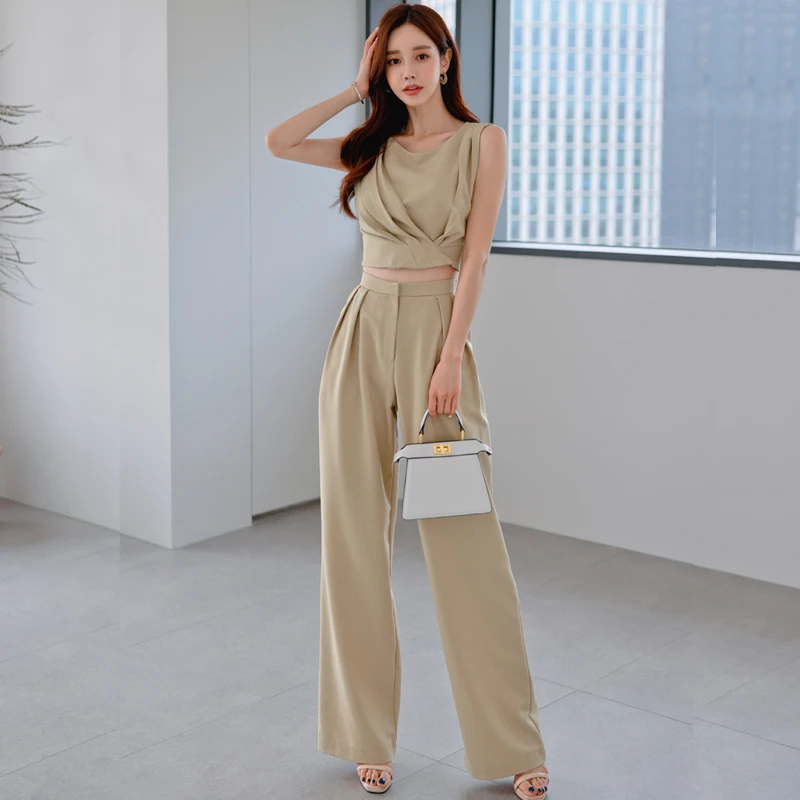 

New Summer Office OL Pants Suits Fashion Women O Neck Sleeveless Zipper Short Tops + High Waist Wide Leg Trousers Two Piece Set