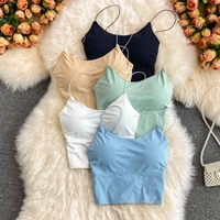 sexy solid color crop tops spaghetti strap tanke top women built in bra off shoulder sleeveless omighty camisole hot